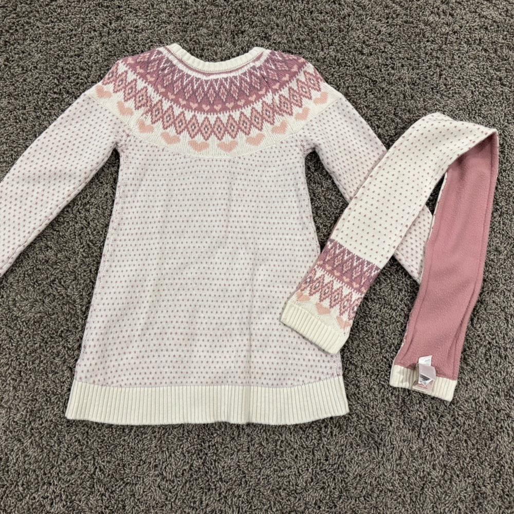 Cynthia Rowley Pink and White fair isle Sweater Dress with scarf, size med 7-8 - Picture 5 of 7